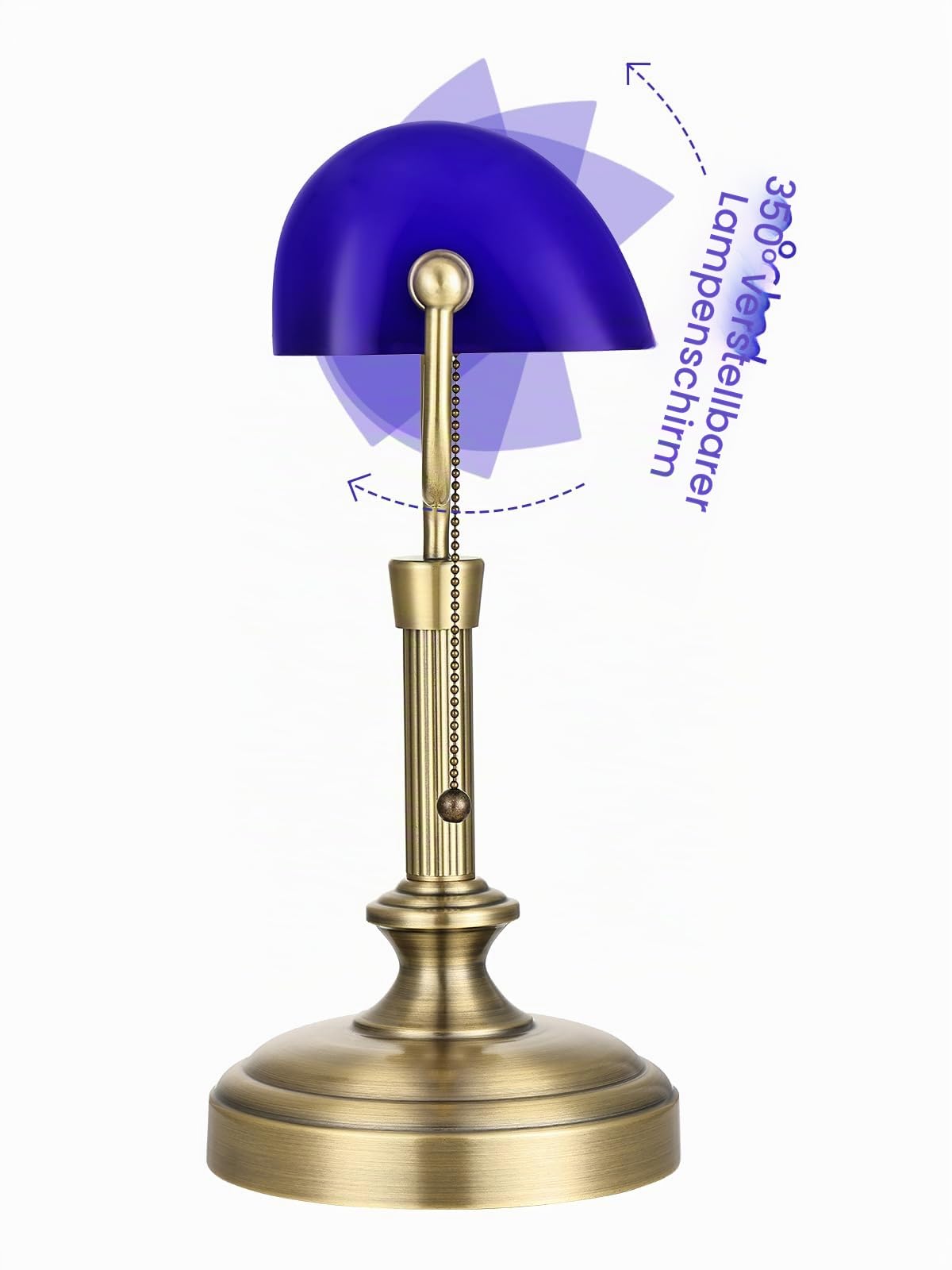 Banker Schreibtischlampe, Glasschatten, Vintage -Lampe mit Pull -Kettenschalter für Heimbüro, Klavierlampe (Antique Brass+Blue)