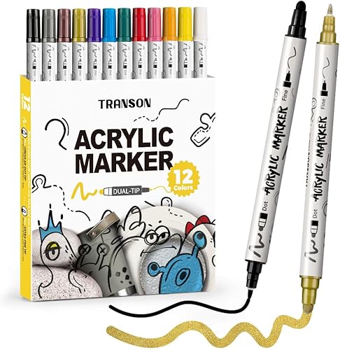 TRANSON Juego de bolígrafos de pintura acrílica de doble punta de 12 colores para lienzo, roca, madera, cuero, cerámica, pintura de bricolaje disponible en Yaxa Costa Rica