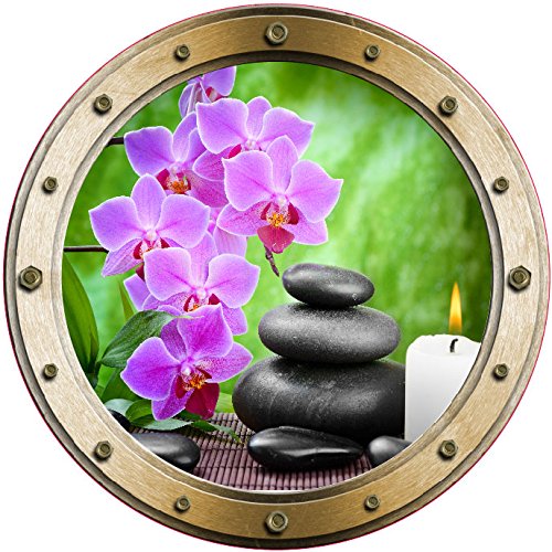 Sticker Trompe l'oeil Hublot Galets Bougie Orchidée - W015 (20x20cm)