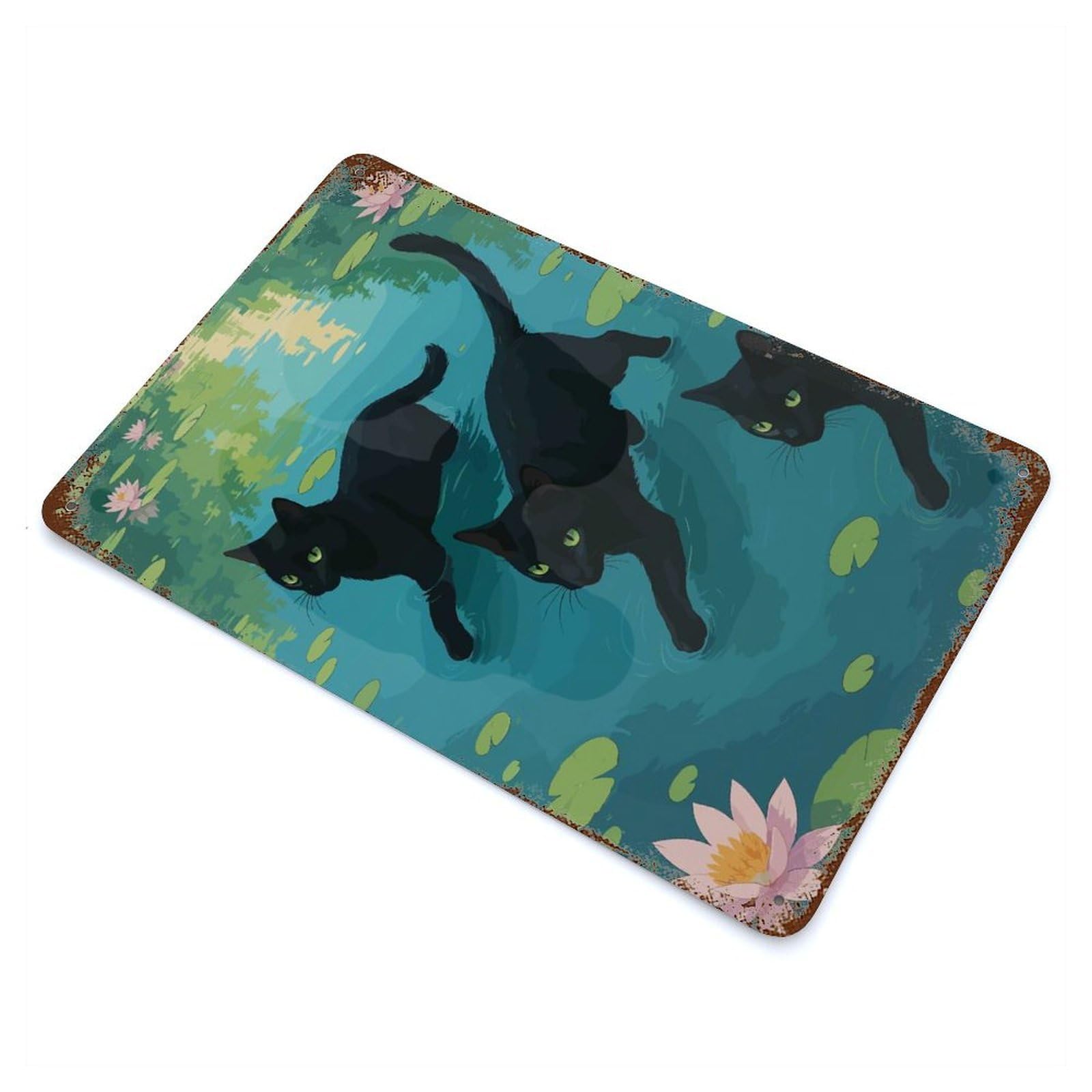 Vintage Metal Tin Sign with Black Cats in Lily Pond Illustration Design 11.8"x7.9", for Garage, Bar And Workshop Decor, Novelty Wall Decor