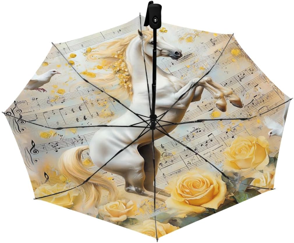 Retro Dove Horse Rose Folding Umbrella Windproof Compact Lightweight Travel Umbrella with 8 Reinforced Ribs, Portable UV Sun & Rain Protection for Men & Women
