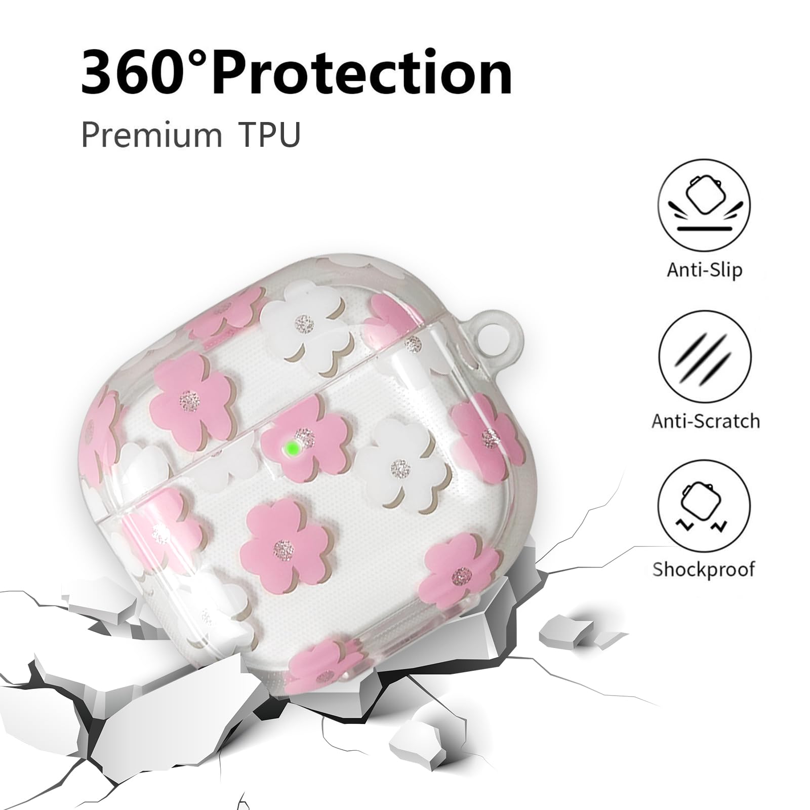 Coque AirPods 4 2024 TPU Souple Motif Floral avec Porte-clés et Kit de Nettoyage Rose