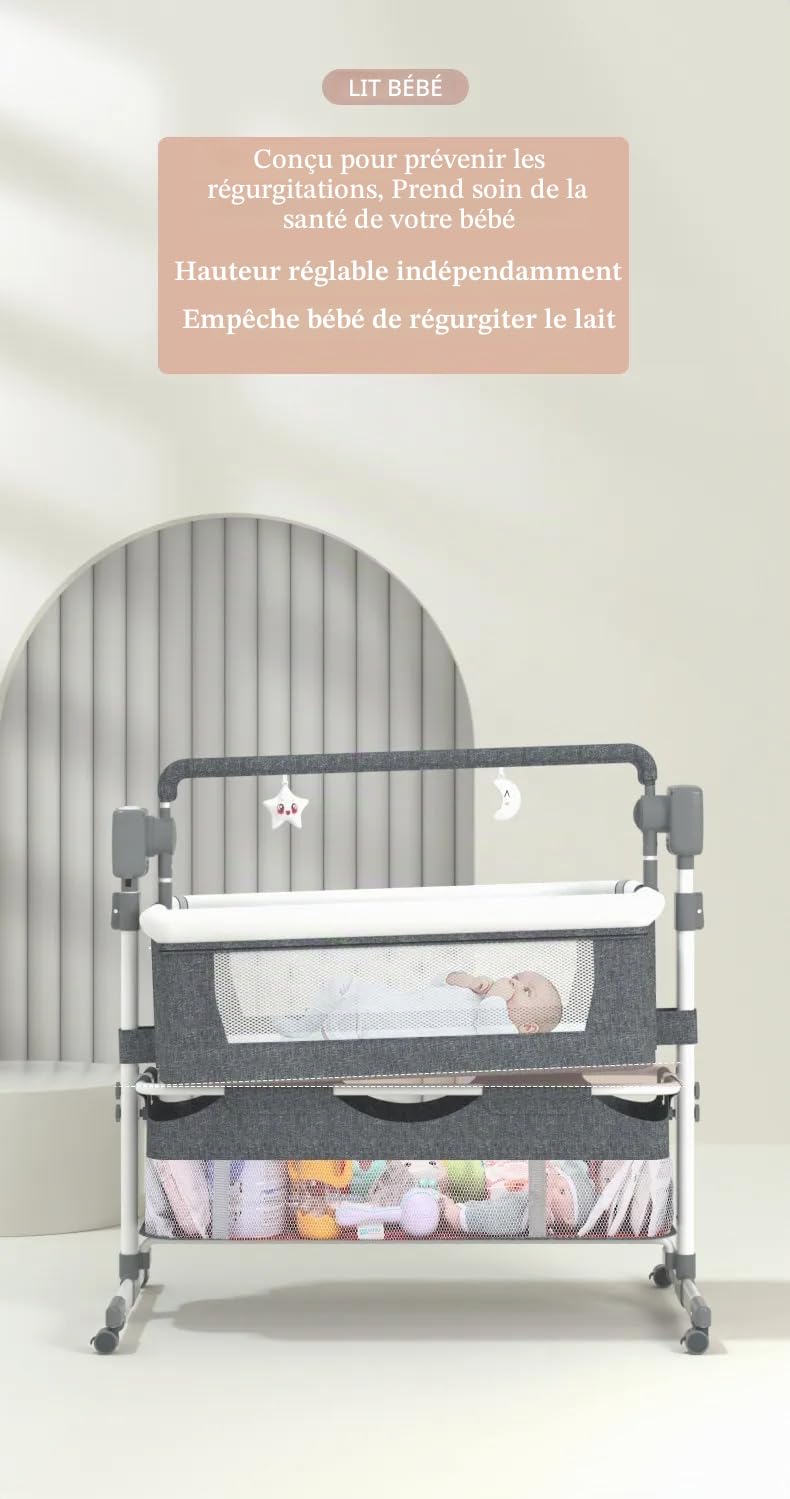 Berceau à bascule automatique 3 en 1 avec lit de côté pour nouveau-né de 0 à 1 an, berceau intelligent avec musique blanche, matelas, moustiquaire et sac de rangement (GRIS CLAIR)
