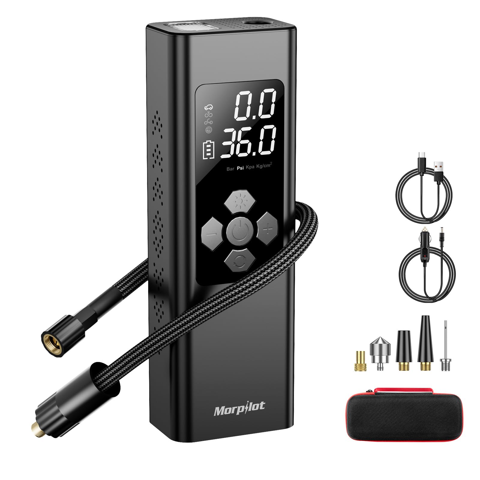 Morpilot 9000 mAh Compresor de Aire Portátil de Inflador, Batería Recargable, 150 PSI, Pantalla LCD Digital Dual, 4 Boquillas, Bomba Eléctrica para Bicicletas, Coches, Motos y Balones
