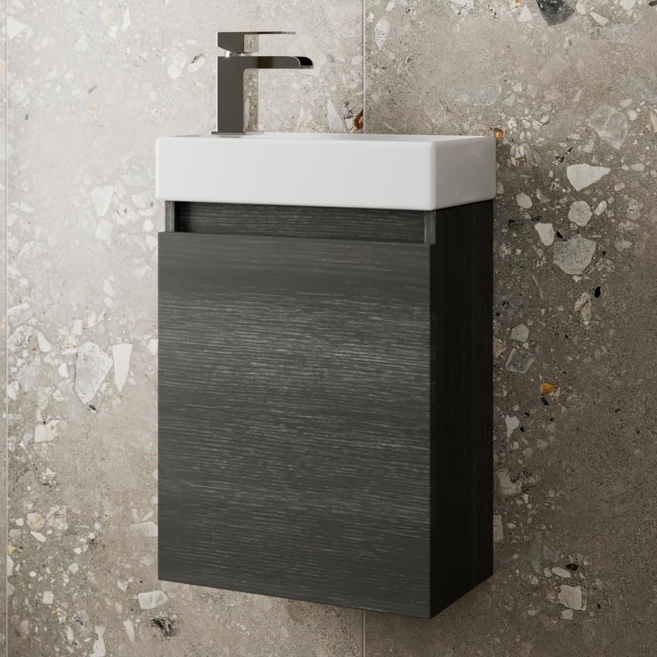 Artis 400mm Bathroom Vanity Unit With Wash Basin Ceramic Sink, Single Door, Cloakroom Storage Furniture Under Basin Cabinet, Wall Hung Cabinets, Charcoal Grey