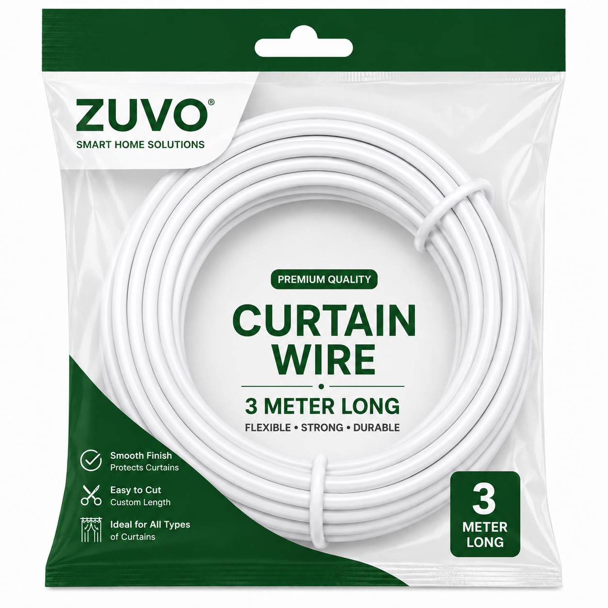 Zuvo Net Curtain Wire with Hooks and Eyes - 3 m Extra Strong Curtain Wire with 4 Hooks and Eyes - Perfect Curtain Wire Kit, White