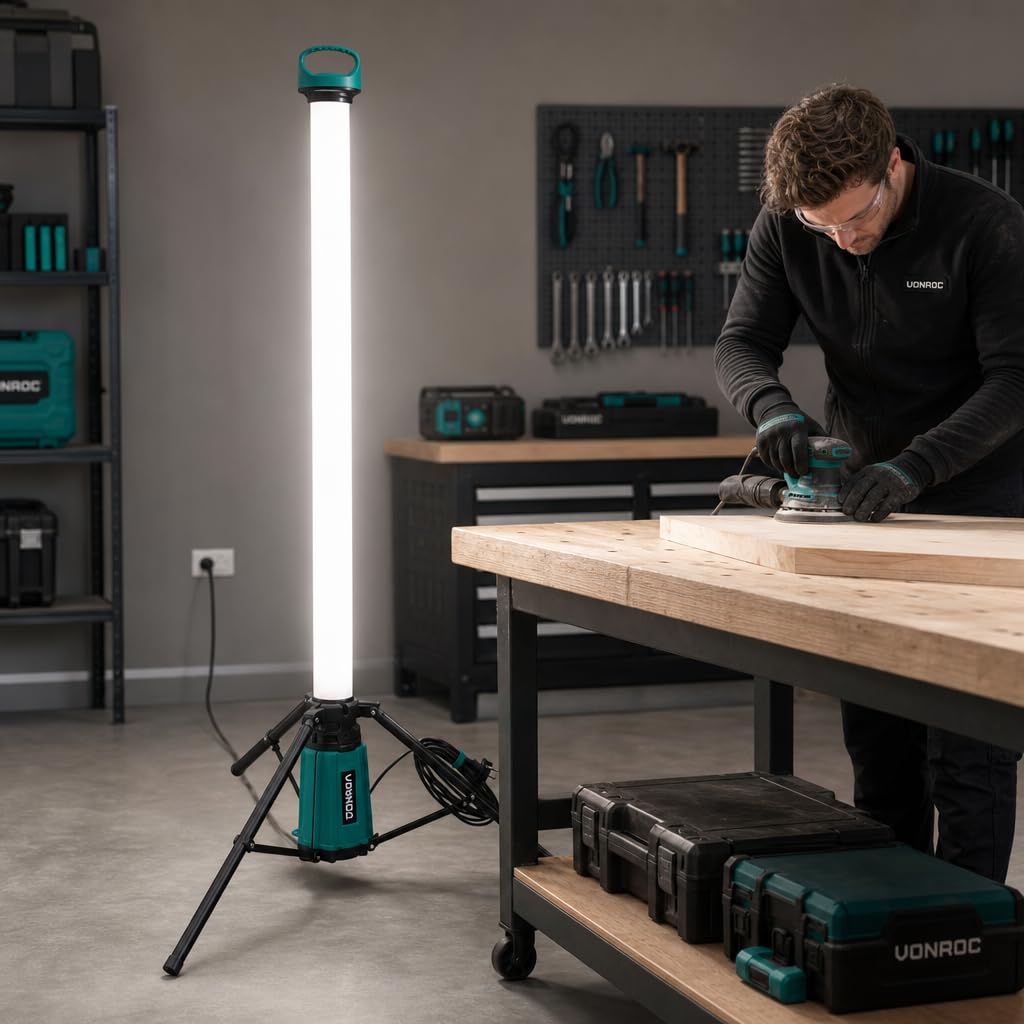 Vonroc Baustrahler LED mit Stativ 76W - Arbeitsstrahler 11-500 Lumen - 360° | Arbeitsleuchte für den Innenbereich & Außenbereich dank IP44 Schutz, 151cm, 5cm Kabel, klappbar, 4000K Farbtemperatur