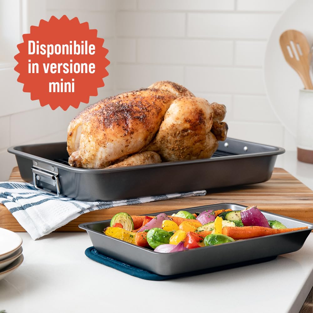 Chef Pomodoro Teglia con Griglia da Forno (41 x 28 cm), Teglia Forno Rettangolare Antiaderente in Acciaio al Carbonio, Gratella di Raffreddamento per Arrosti e Fritti
