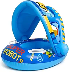 Boia Infantil Piscina Bebê Inflável com Assento Pezinho e Cobertura de Proteção para Crianças 6 Meses à 3 Anos Praia Verão