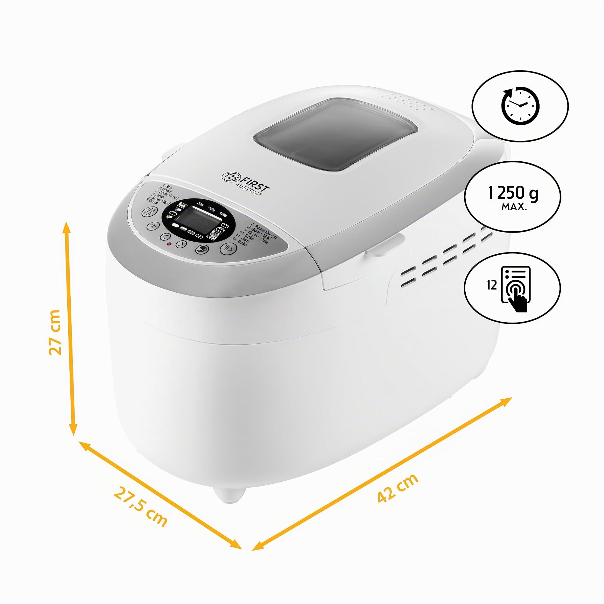 TZS First Austria - Machine à pain avec 12 programmes automatiques 850W - Pétrin électrique de 700-1250g - Avec hublot, minuterie, accessoires et fonction de maintien au chaud - Blanc