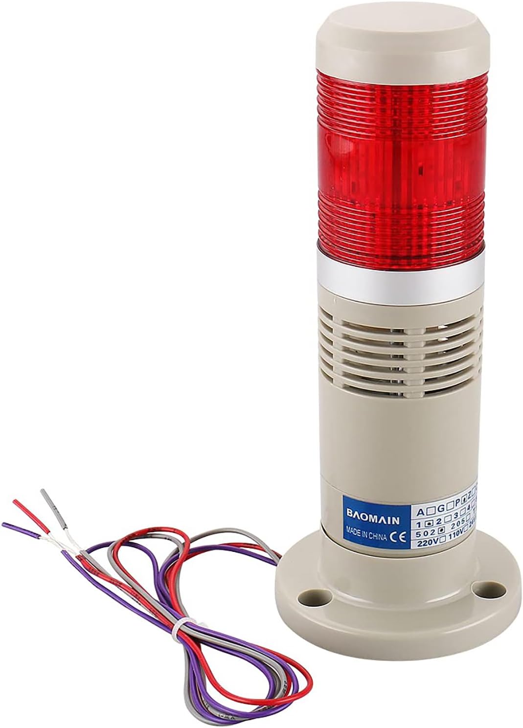 BAOMAIN 24V DC Industrial Signal Tower Light with Buzzer, Red LED Continuous Warning Lamp, LTP-502TJ Safety Alarm Beacon for Machinery and Factory Use