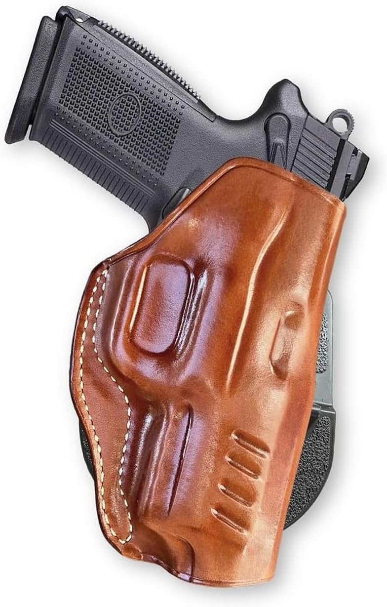 Masc Premium Leather OWB Paddle Holster with Open Top Fits, FNH 5-7 FNH & FNS 9/40 FNX 45 FN P9, Right Hand Draw, Brown Color
