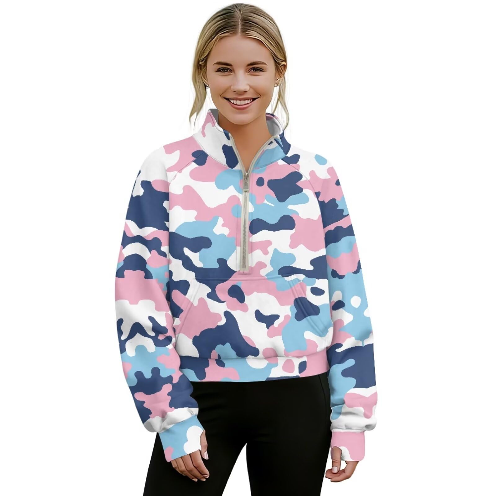 Poceacles Sudadera corta para mujer con 1/2 cremallera y agujero para el pulgar, cuello alto falso, sudadera de gran tamaño, sudadera con capucha suave
