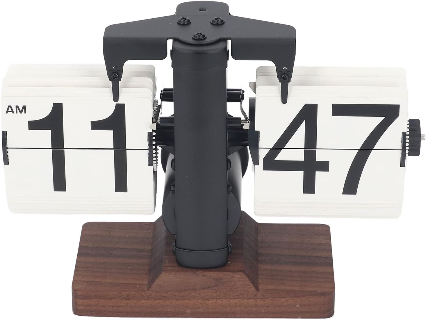 Zunate Flip Down Clock Wood Base, Retro Digital Flip Desk Clock, Large Number Battery Powered Internal Gear Operated Mechanical Melting Clock for Home Room Office (Black Shelf White Page)