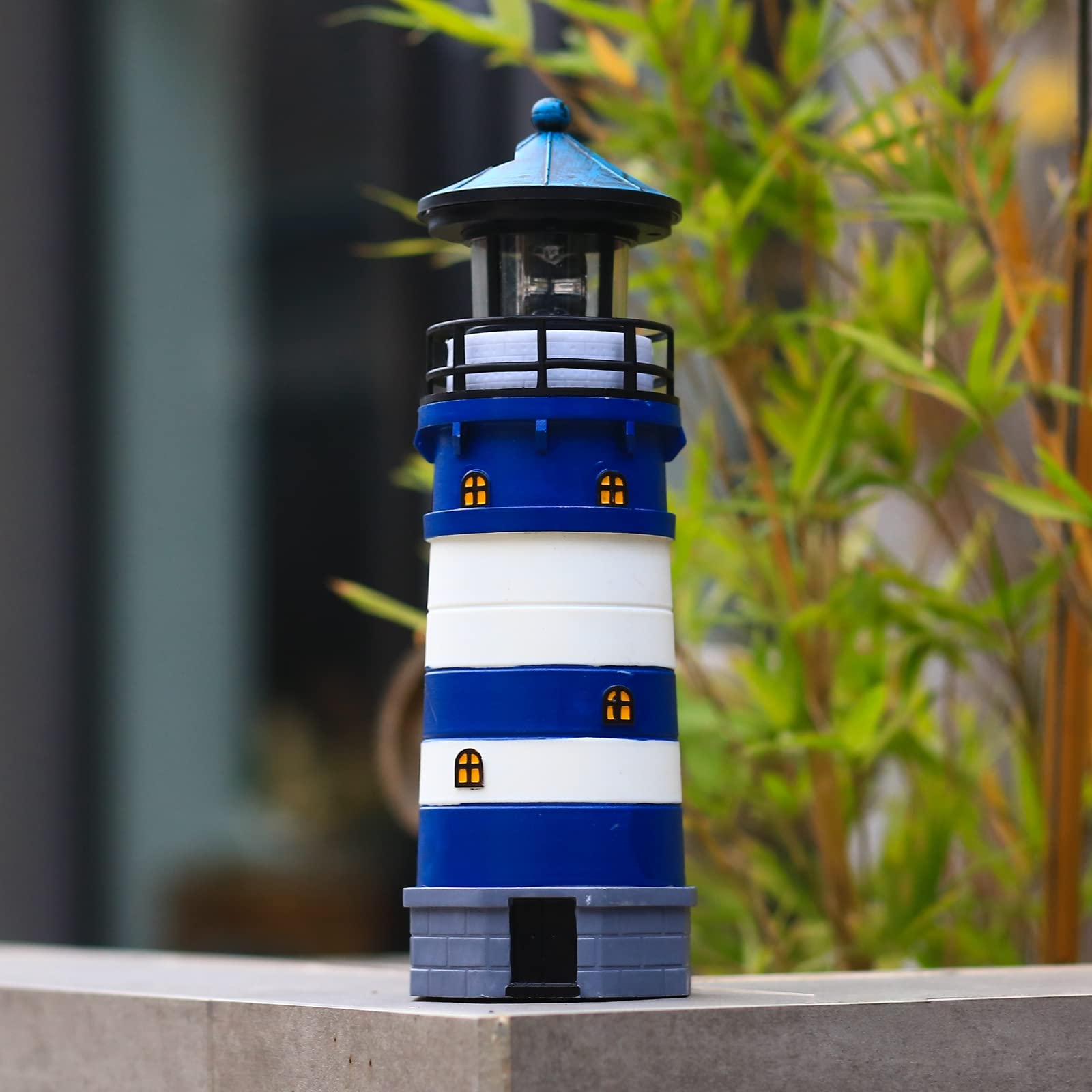 Solar Lighthouse Ornament - 30cm Tall Solar Lighthouse with Rotating Beacon, 360 Degree Rotating Lighthouse Decoration, Best Lighthouse Gifts for Children(Round Blue)