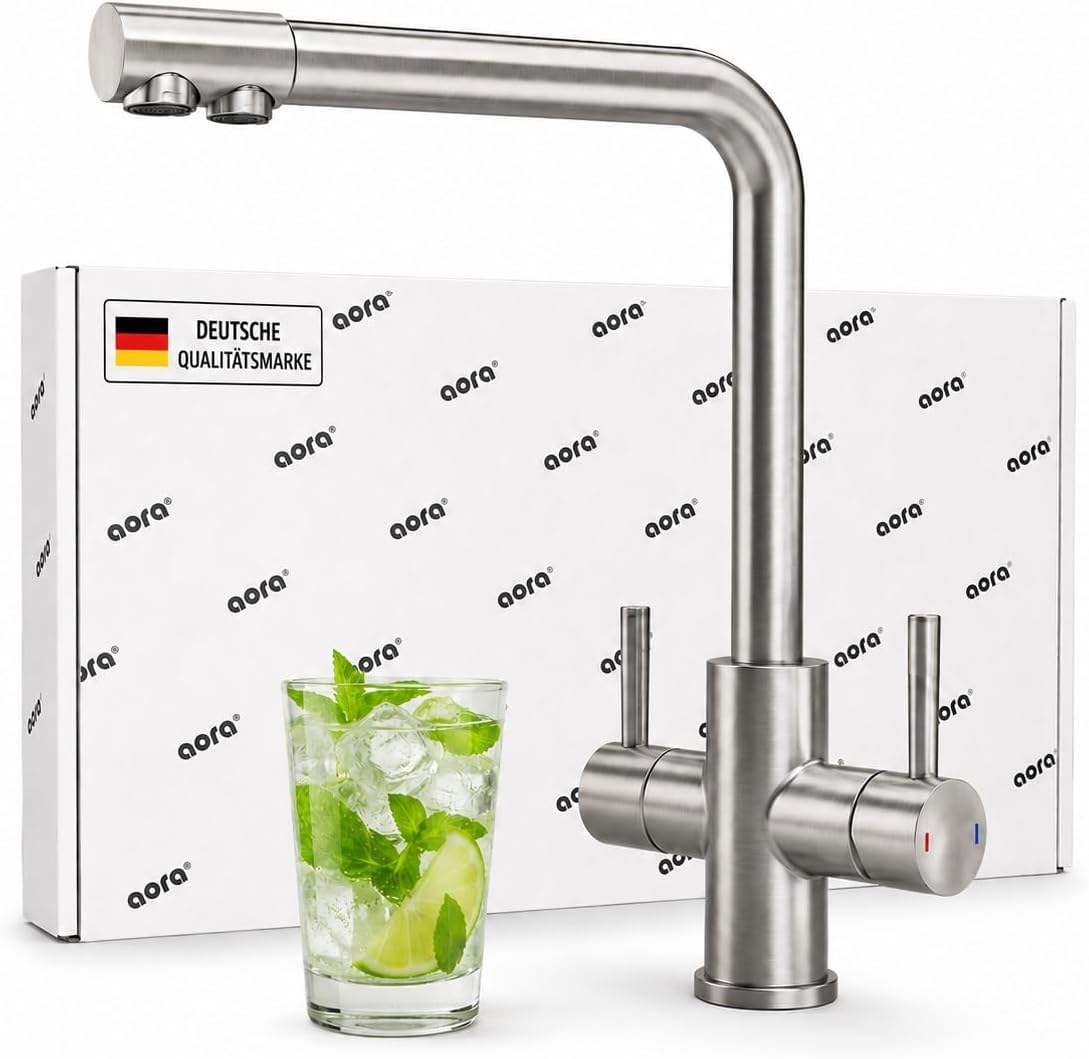 VANTO INOX 3-drożny kran kuchenny, armatura kuchenna ze stali nierdzewnej 304, wysokociśnieniowa, pod stołem, filtr do wody pitnej z BRITA P1000, głowica filtrująca, wąż i adapter, wylewka L
