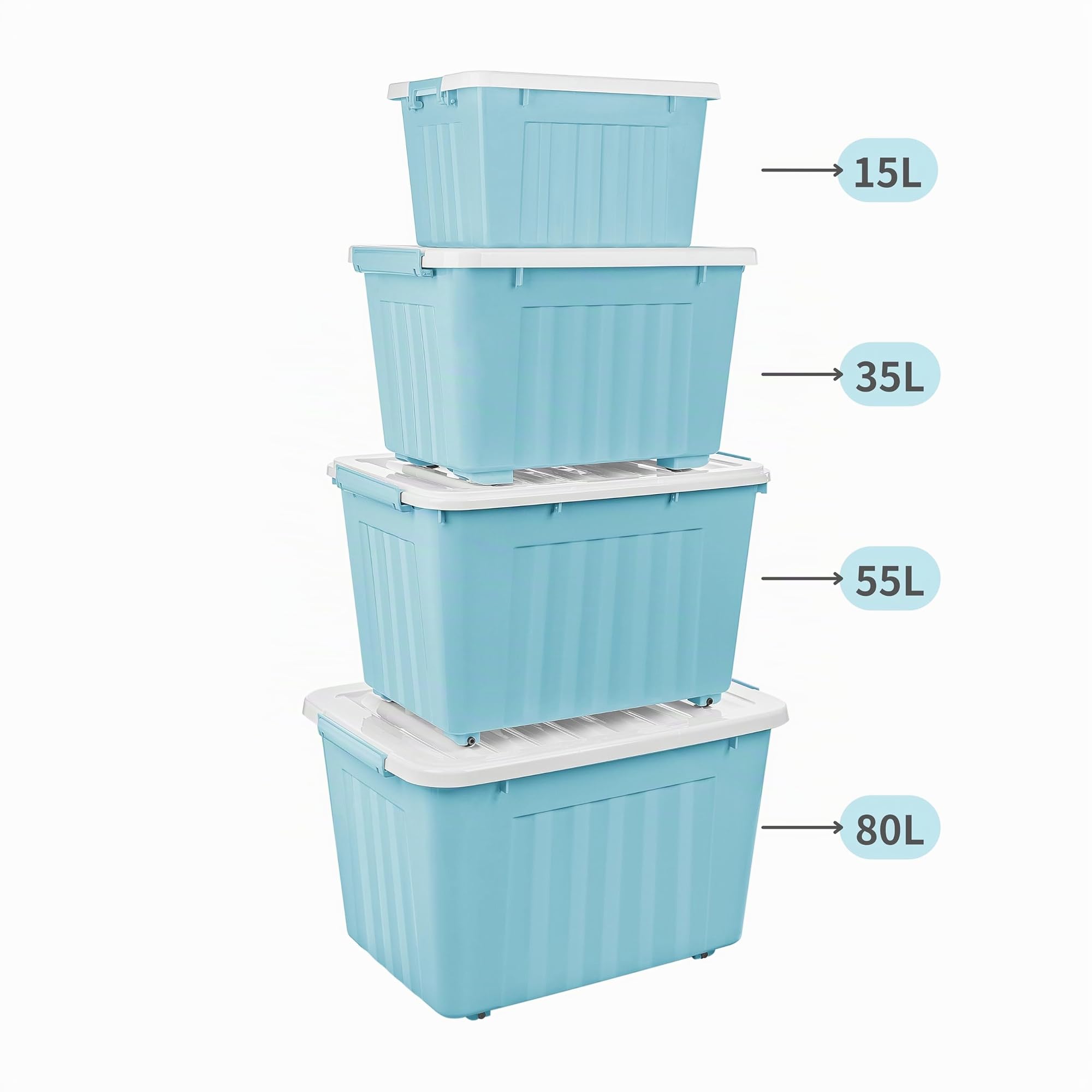 Cetomo 80L*4 Boîtes de Rangement avec Couvercles, Boîte de Rangement en Plastique avec Clips et Roulettes, Empilables, Encastrables, pour Placard de Bureau à Domicile, Bleu, 80L, Lot de 4
