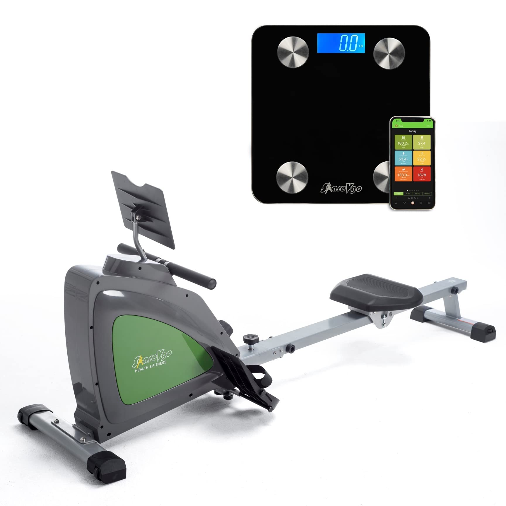 ShareVgo Smart Magnetic Rowing Machine SRM1000 and Scale for Body Weight SWS100 Bundle with Free App for Workout Log, Performance Track, and Body Composition Analysis