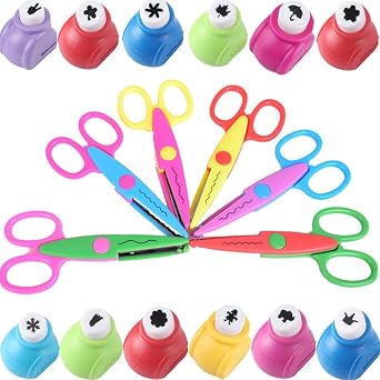 Scrapbook Paper Punch and Decorative Scissors, Qtopun 6 Pcs Creative Scissors and 12 Pcs Craft Punch Wave Lace Edge Cutters Paper Hole Punchers for Crafts, DIY Photo, Set of 18 18-3
