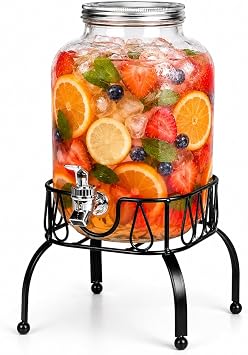 Estilo Gallon Drink Dispenser with Stand - Glass Beverage Dispenser with Stand for Weddings - Sun Tea Jar with Spigot 1 Gallon - Countertop Glass Water Dispenser for Lemonade and Parties