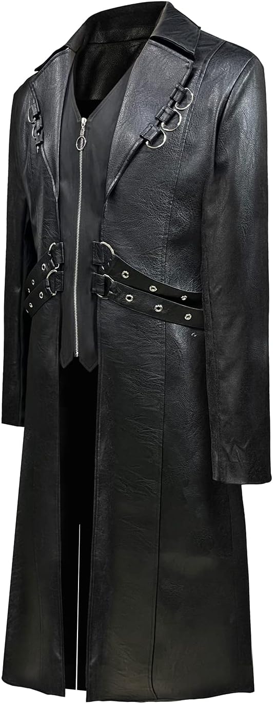 TZMAPU Men's Faux Leather Motorcycle Trench Coat Black Long Punk Jacket - Image 4