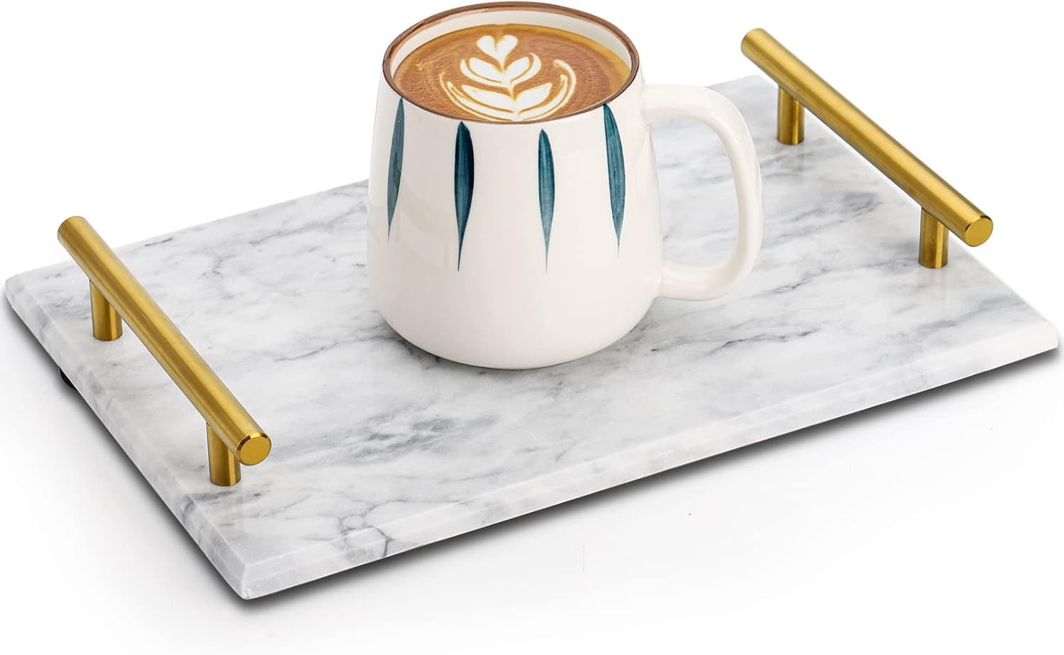 DEAYOU Decorative Tray with Gold Handles, Natural Marble Stone Tray, 12" Nightstand Serving Tray with Metal Handle, Perfume Tray Pastry Food Board for Bathroom, Vanity, Coffee Table, Desk, White