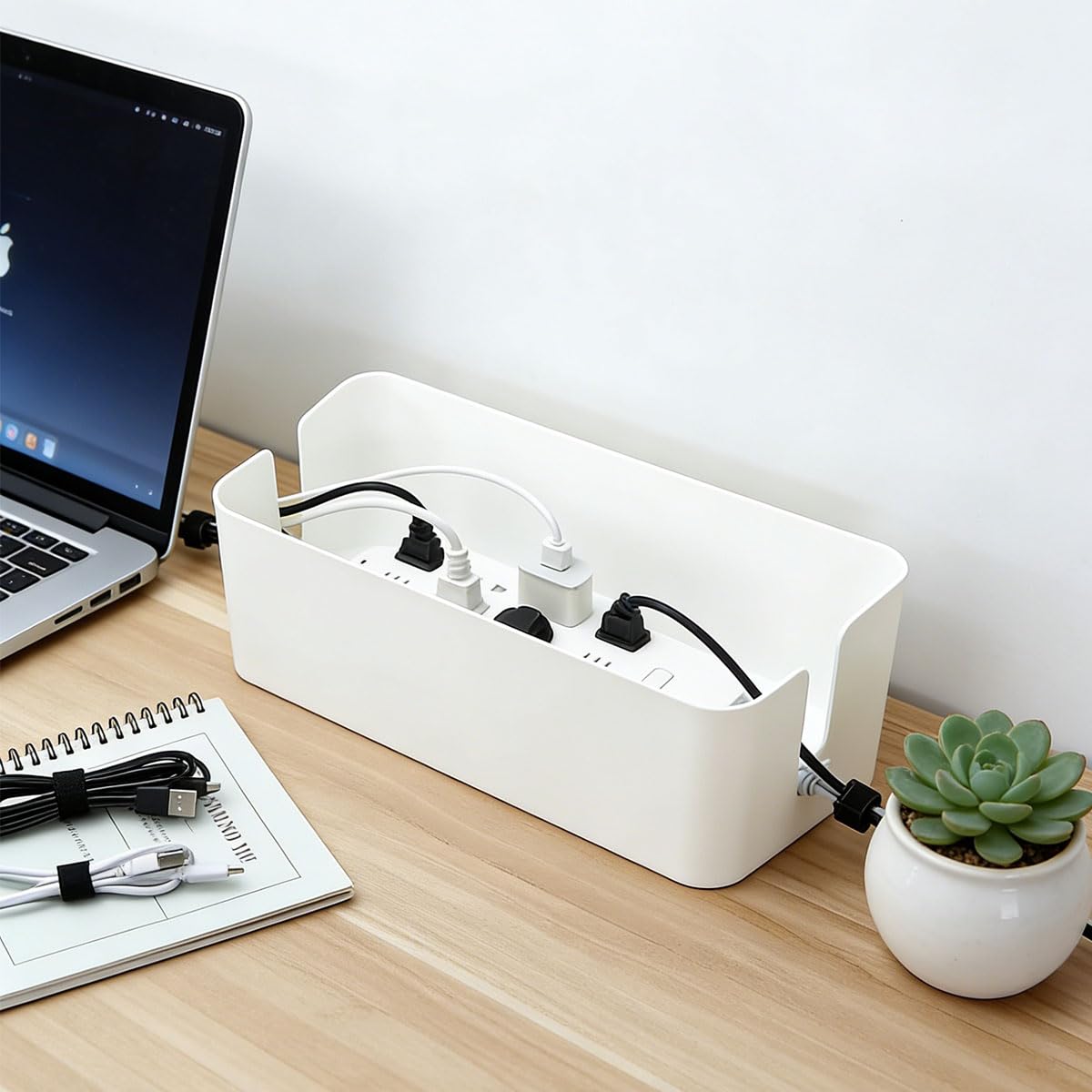 3 Piezas Caja Organizadora Cables, Caja Organizadora de Cables con Tapa de Bambú, Organizador Cables Caja con Agujeros Arriba y a Los Lados, Caja Cables, para Hogar y Oficina - Blanco, L/M/S