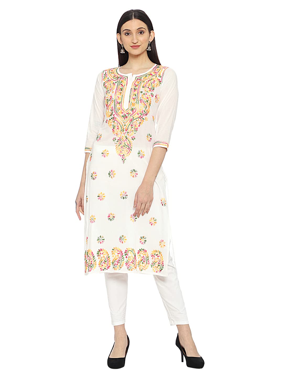 AdaIndian Hand Embroidered Chikankari Cotton Kurta Kurti with Trouser Set for Women A811226 White