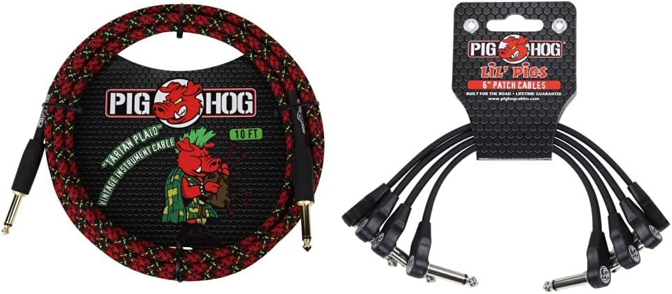 Pig Hog PCH10PL 1/4" to 1/4" Tartan Plaid Guitar Instrument Cable, 10 Feet & PHLSK6BK Lil' Pigs Low Profile Right-Angle Black Instrument Patch Cables, 6