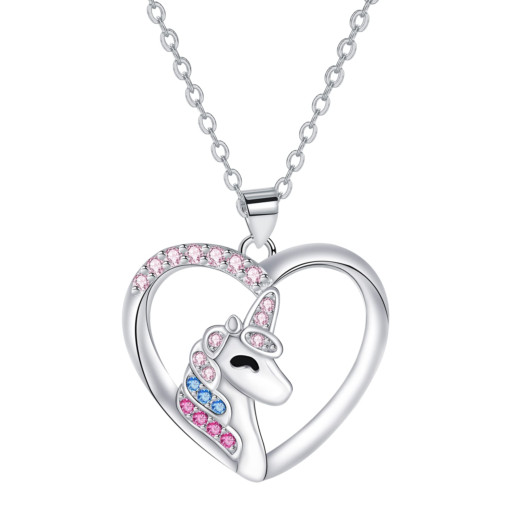 J.MUEN Collar de Unicornio, Colgante de Corazón de Plata 925, Regalo para Mujer, Niña Unicornio, Regalo con Joyero Regalo de Cumpleaños de Navidad
