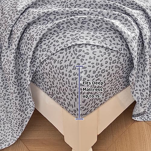Image of Mooreeke Leopard Cheetah Printed King Bed Sheets, Soft Microfiber Bedding Sheets & Pillowcases, Deep Pocket Non-Slip Fitted King Sheet, Silver Grey Animal Pattern Bedsheets