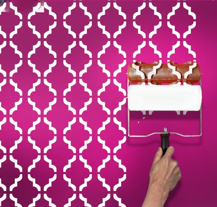 Image of Design Paint Roller with Moroccan Quatrefoil Pattern - Reusable Decorative Wall Texture Roller for DIY Home Decor, Accent Walls, Furniture, and Crafts - Durable Embossed Stencil Painting Tool