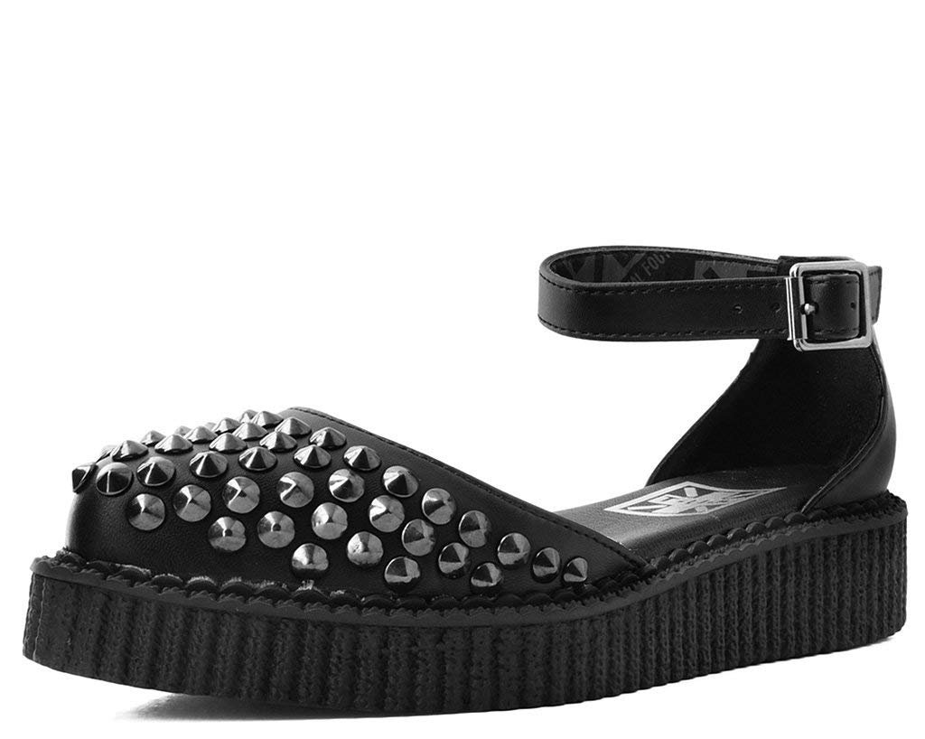 T.U.K. Black TUKskin Pointed Studded Sandals for Women, Low Platform Creeper Ankle Strap Sandal