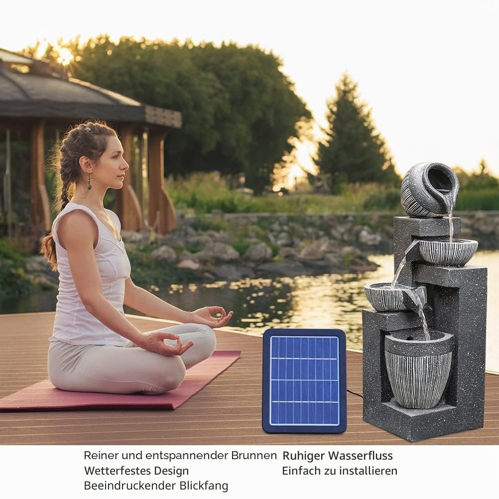 BTGGG Solarbrunnen für Draussen,4-Stufiger Kaskaden Solar Springbrunnen Gartenbrunnen mit LED-Licht für Außen Solar Wasserspiel Wasserfall Brunnen für Garten,Balkon,Terrasse,19x19x51cm