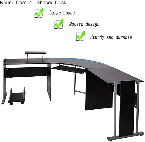 Miniatura 5 de Escritorio para computadora en forma de L, mesa de esquina moderna de madera, para computadora portátil, escritorio de oficina en casa, negro, 71.3