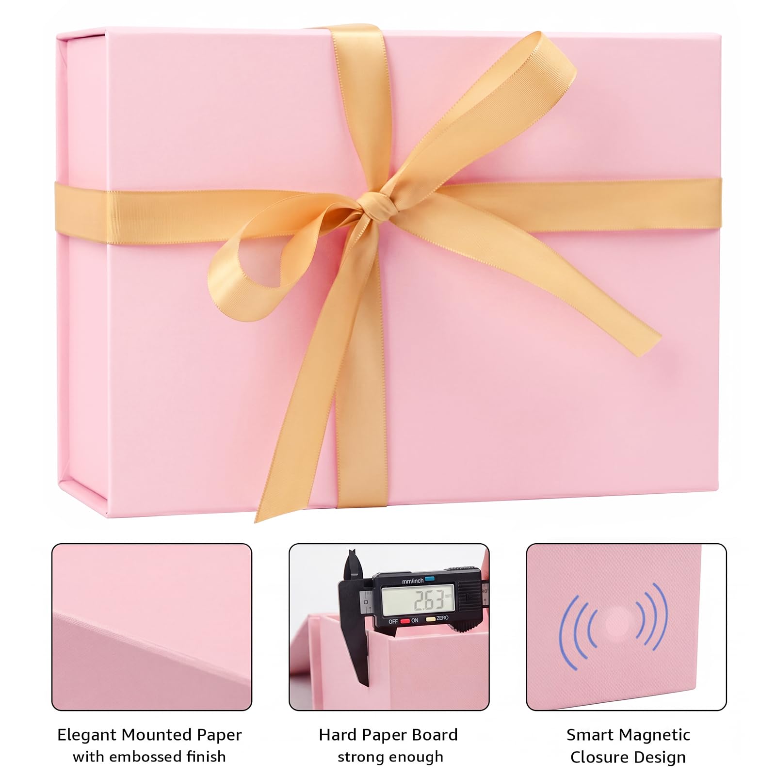 LIFELUM Set di 5 scatole regalo rosa, 24,1 x 17,8 x 8,9 cm, pieghevoli, magnetiche, con nastro, cartoncino, riempitivo sminuzzato, per festa del papà, proposta di sposa, laurea, matrimonio