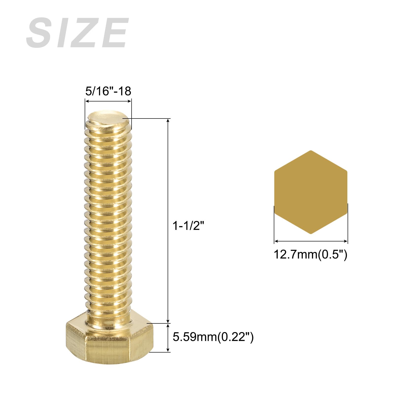 METALLIXITY Hex Head Screw Bolt (5/16-18x1-1/2") 5Pcs, Brass Fully Threaded Solid Brass Hex Bolts Machine Screws - for Machinery Repair - Image 2