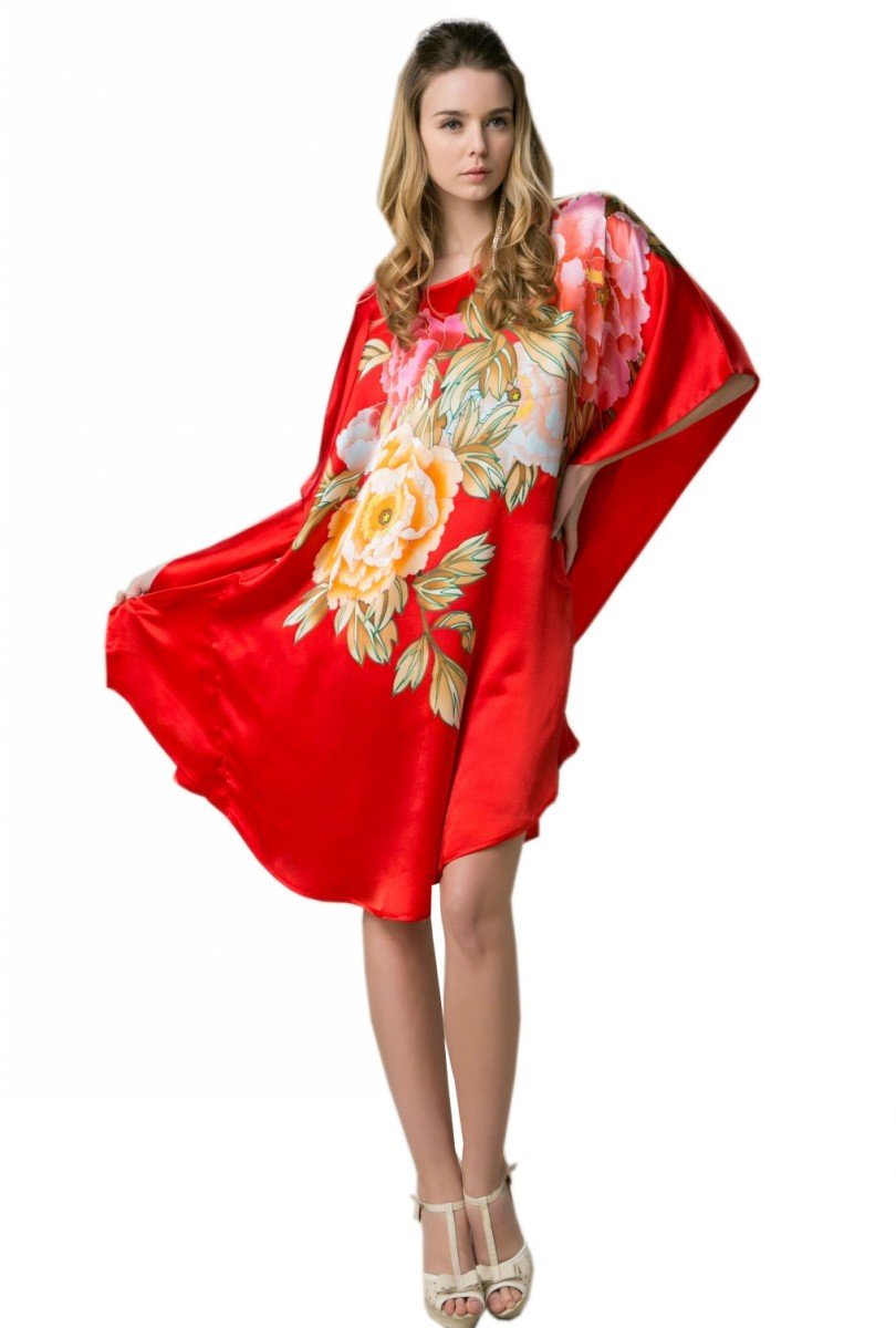 Peignoir Nuisette Femme Long Grande Taille Chemise de Nuit 100% Soie Kimono Peinture à la Main