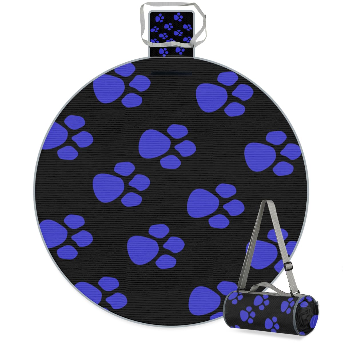 Shimoshe Blue Black Purple Paw Print Picnic Outdoor Blanket Foldable Waterproof Sandproof Beach Blanket Portable Water-Resistant Round Picnic Mat for Travel Camping Park Lawn