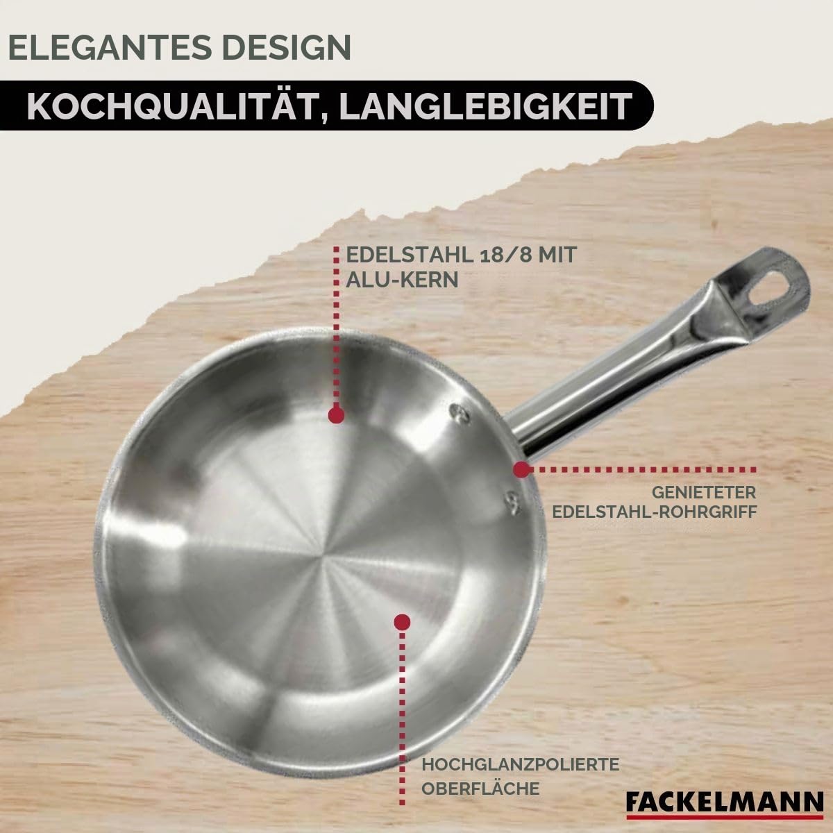 Fackelmann 9440550 Pfannen-Set, 3-teilig, 20, 24 und 28 cm, aus Edelstahl 18/8, 3 Glasdeckel und 6 Küchenutensilien, Pfanne für alle Herdarten, Induktion, Pfanne ohne PFAS, genieteter Griff, Edelstahl