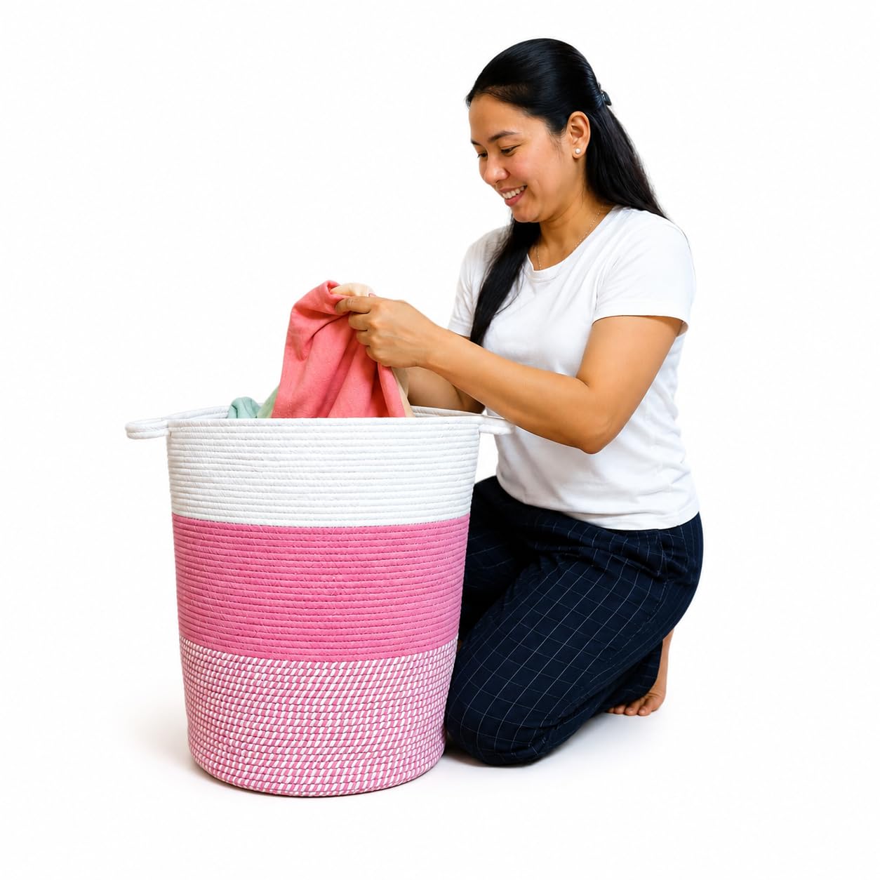 AuraNest Large Jute Cotton Rope Laundry Basket with Handle | Tall Ovel Clothes Hamper for Bathroom, Bedroom & Storage | Eco-Friendly Handwoven Organizer (Size 13x17x 15 Inches Mix,Pink,White)
