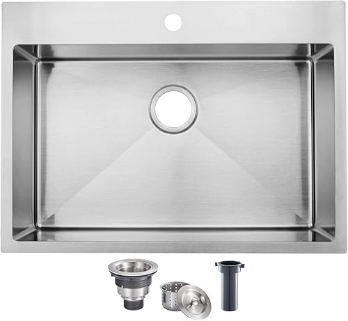 SHACO Fregadero de cocina de 28 pulgadas, fregadero de montaje superior de acero inoxidable T304 de 16 calibre hecho a mano comercial, fregadero de