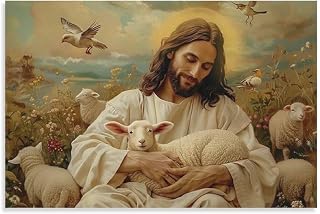 Religious Mural Art Canvas Print, Idyllic Picture With Lamb And Birds Jesus Poster Bible Mural Living Room Bedroom Chapel Wall Decor Christian Home Decor Canvas Painting Poster Wall Art Decorative Pi