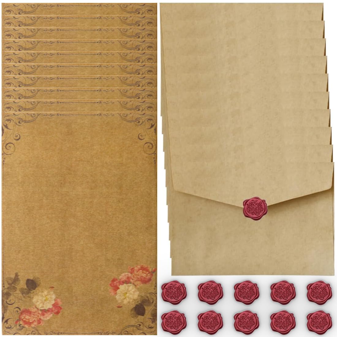 Zestaw artykułów piśmienniczych w stylu vintage, koperty z papieru listowego, 10 kopert papierowych, 16 papieru listowego w stylu vintage Kraft i 10 naklejek z wosku, na zaproszenia (styl C)