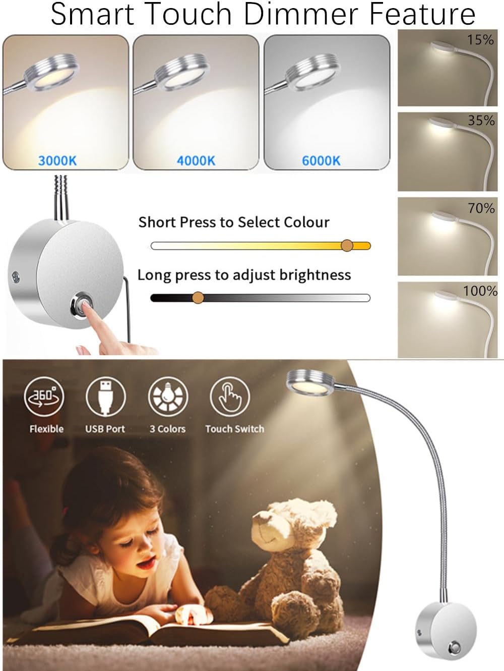 Plug in Dimmable LED Reading Lamp,Wall Mount Book Lights for Bed Headboard,Touch Control, Flexible Gooseneck Headboard,3 Color Modes,10 Brightness Leves, USB Output, Easy to Install Silver 1 Pack