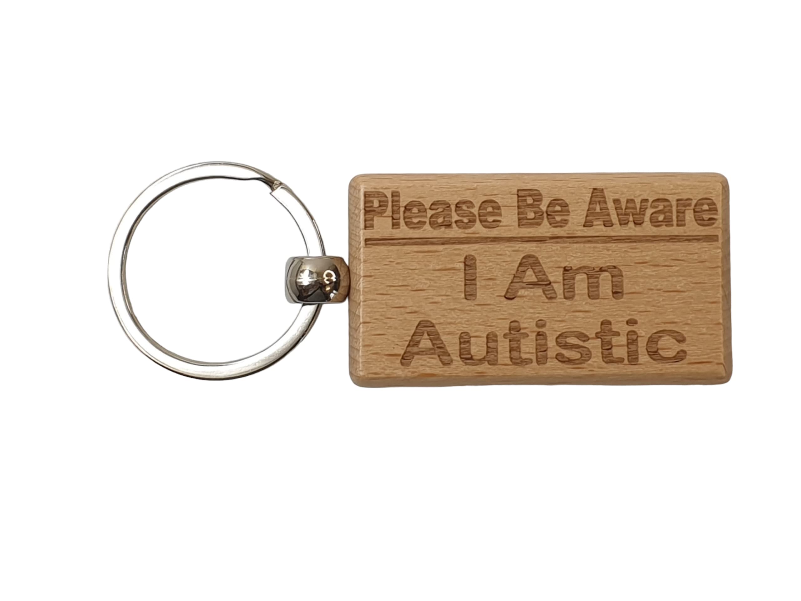 Decalarama Brown Autism Awareness Keyring Gift - Please Be Aware I Am Autistic Key Ring - Engraved Wooden Key Chain Present