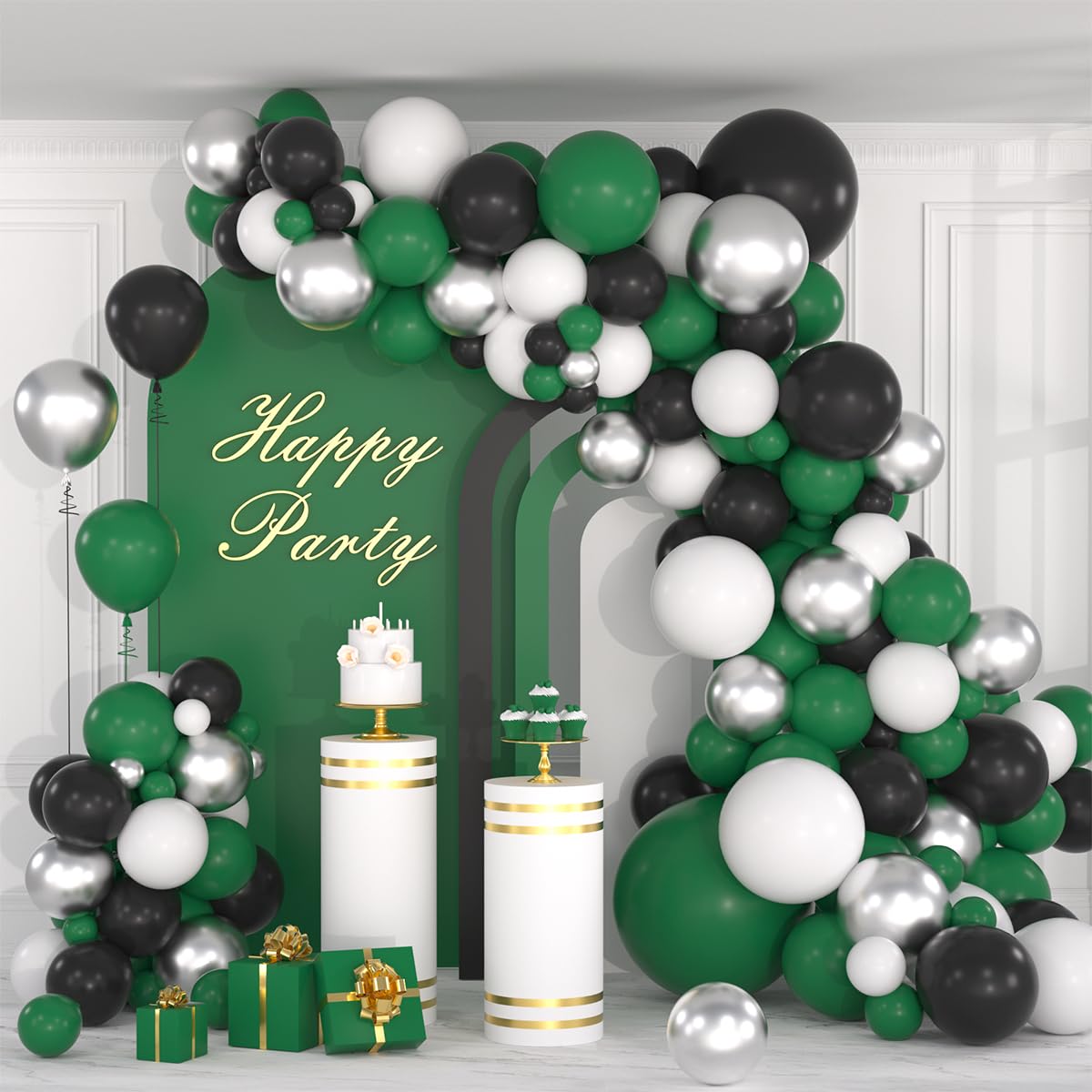 Dark Green White Silver Black Balloon Garland Kit - 119PCS Dark Green and White Black Sivler Balloons Football Balloon for Football Birthday Jungle