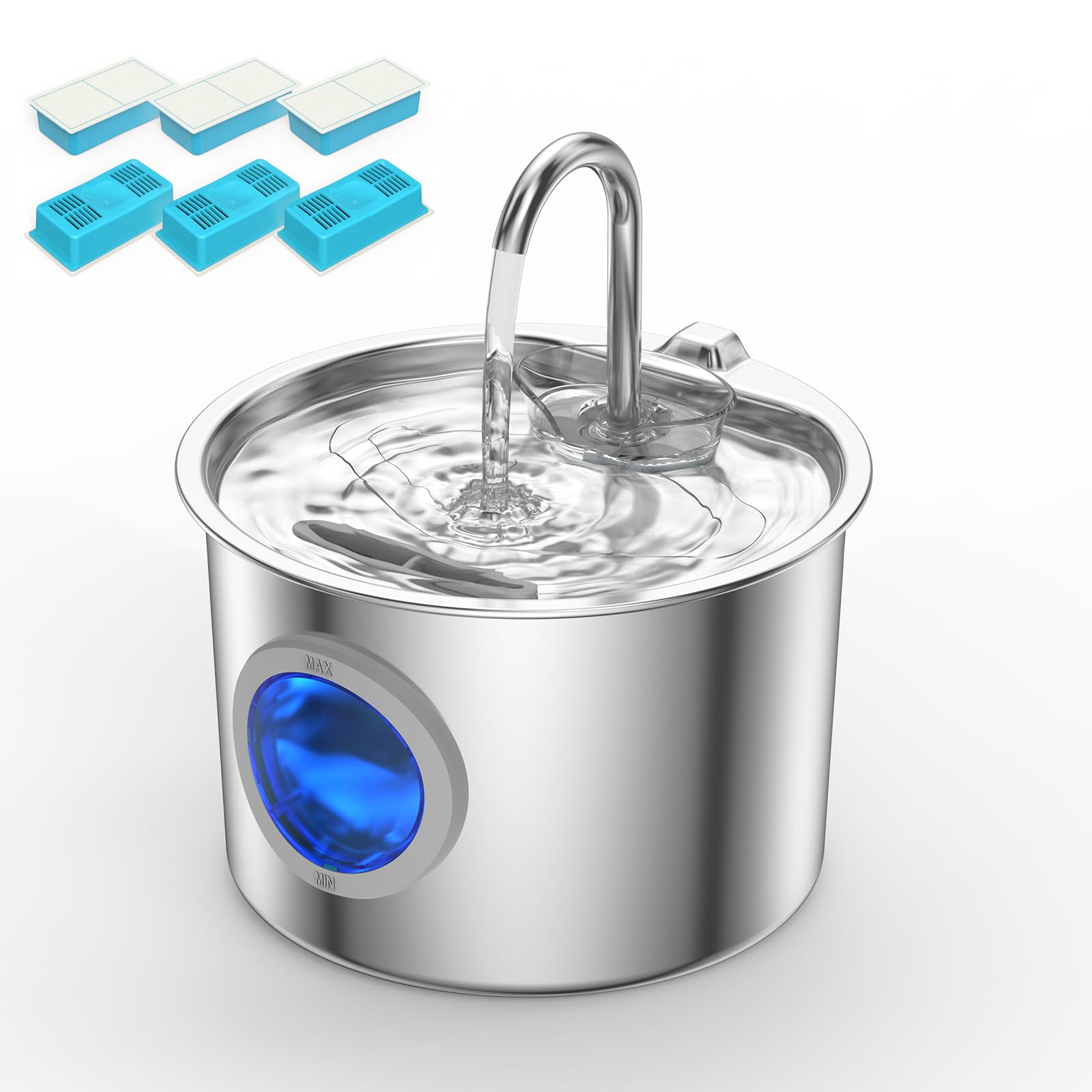 Cat Water Fountain Advanced 304 Stainless Steel 2.2L/74oz with Detachable Tank, Easy to Clean, Automatic Pet Fountain Quiet Cats Water Dispenser, Dogs (74oz Cat Fountain + 6 Filters)