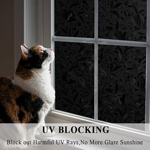 Miniatura 7 de Mikomer Total Blackout película para ventana, 100% de bloqueo de luz de vidrio para puerta, tulipán grabado, oscurecimiento de la habitación, sin