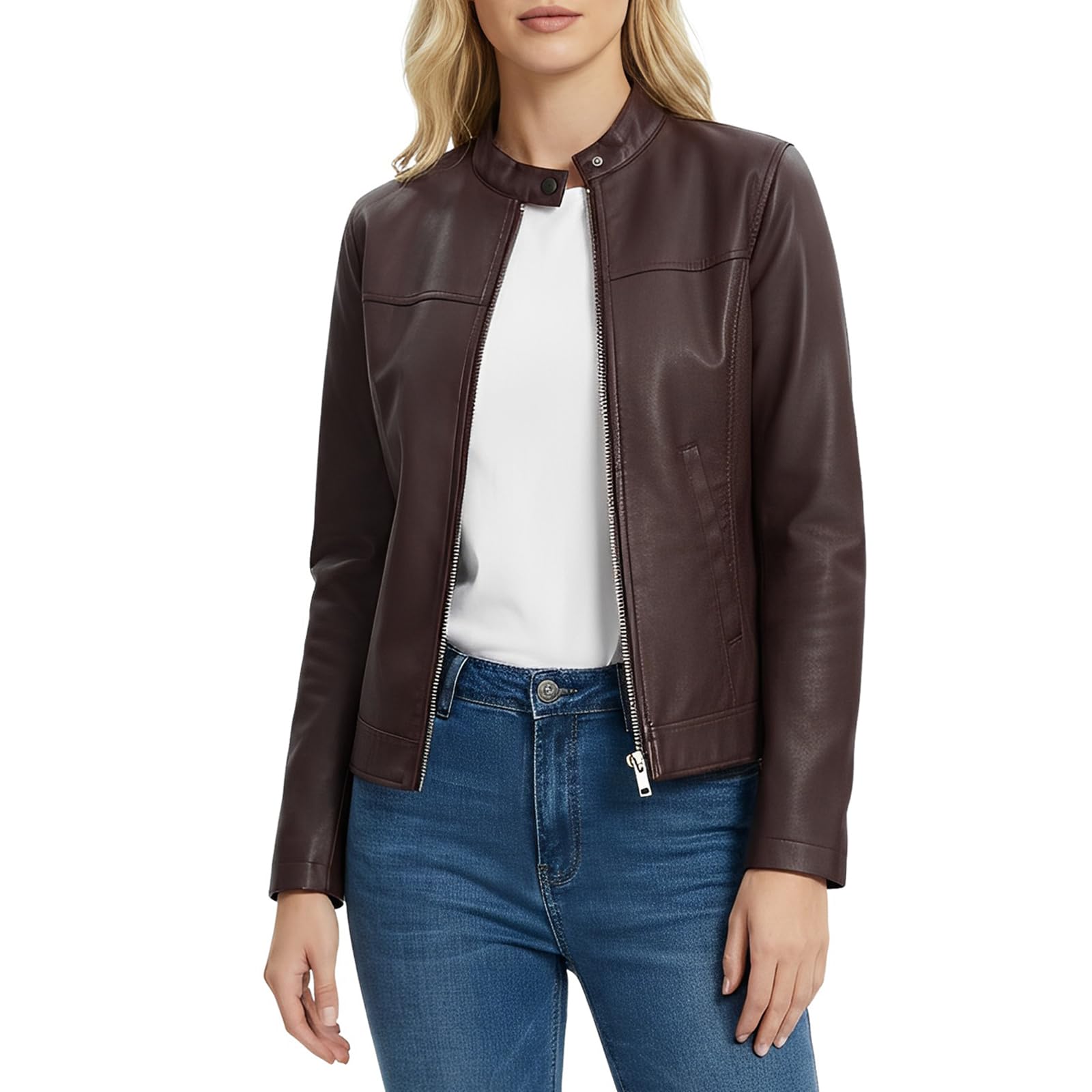 CHIGUO Womens Faux Leather Motorcycle Jacket Casual Zip-Up Biker Trendy Coat with Pockets